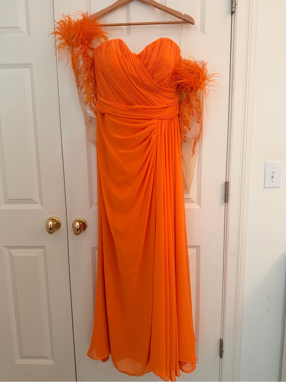New, Orange Strapless Gown with removable Feather-Trim Sleeves